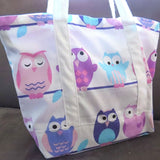 Purple Pink Owl print tote bag, cotton bag, reusable grocery bag, knitting project bag.