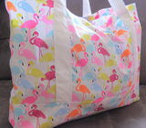Flamingo print tote bag, cotton bag, reusable grocery bag, knitting project bag.