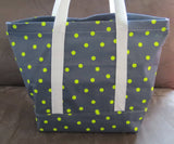 Neon Green and grey polka dot tote bag, cotton bag, reusable grocery bag, knitting project bag.