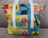 Vintage travel print tote bag, cotton bag, reusable grocery bag, Beach bag, Knitting project bag