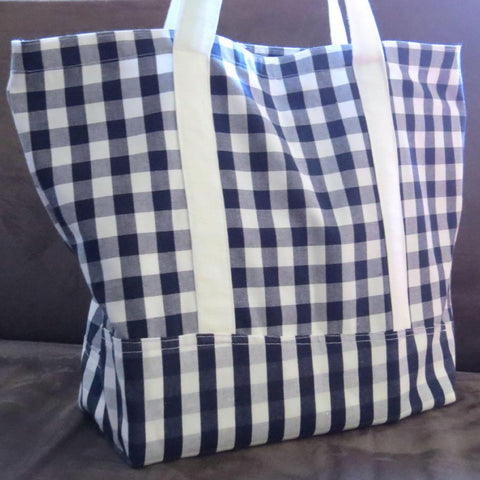 Blue Gingham tote bag, cotton bag, reusable grocery bag, knitting project bag.