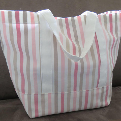 Pink vertical stripes tote bag, cotton bag, reusable grocery bag, knitting project bag.