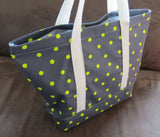 Neon Green and grey polka dot tote bag, cotton bag, reusable grocery bag, knitting project bag.