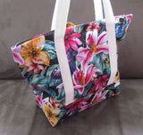 Lillies print tote bag, cotton bag, reusable grocery bag, knitting project bag.