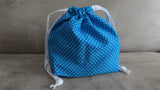 Teal and white polka dots print Drawstring bag, cotton bag, knitting project bag.