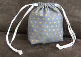 Grey and gold polka dot cotton drawstring bag or knitting project bag.