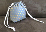 Grey and gold polka dot cotton drawstring bag or knitting project bag.