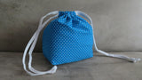 Teal and white polka dots print Drawstring bag, cotton bag, knitting project bag.