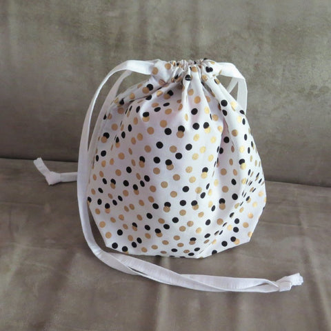 White, black and gold print Drawstring bag, cotton bag, knitting project bag.
